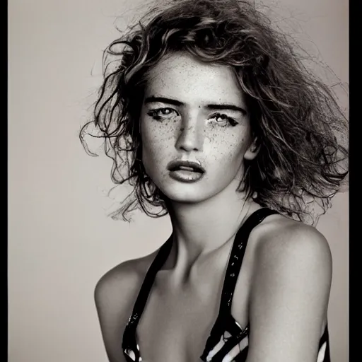 Image similar to a beautiful professional photograph by herb ritts and ellen von unwerth for vogue magazine of a beautiful lightly freckled and unusually attractive female fashion model looking at the camera in a flirtatious way, zeiss 5 0 mm f 1. 8 lens