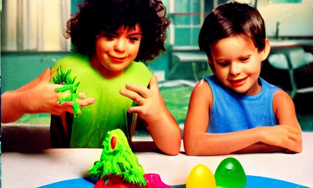 Image similar to kid playing with slime monster, realistic, detailed faces, toy commercial photo, highly detailed, photo from the 80s