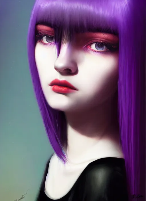 Image similar to hair blackbangs hair, white hair, blackbangswhitehair, portrait of teenage girl with black bangs, red irises, purple clothes, black bangs, bangs are different color from hair, intricate, elegant, glowing lights, highly detailed, digital painting, artstation, concept art, sharp focus, illustration, art by wlop, mars ravelo and greg rutkowski