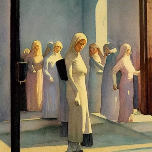 Image similar to procession of women in a soviet temple, dripping watercolor by hammershøi, highly detailed, art nouveau wallpaper, lights by edward hopper, liminal, eerie, pastel colors, limited palette