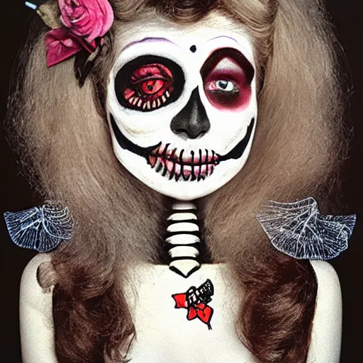 Image similar to a woman with a skeleton face painted on her face, a character portrait by edna mann, behance, pop surrealism, freakshow, 1 9 7 0 s, surrealist