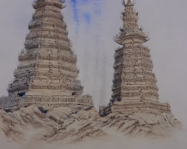 Image similar to twin buddhist pagodas made of stone, in landscape, traditional chinese watercolor,