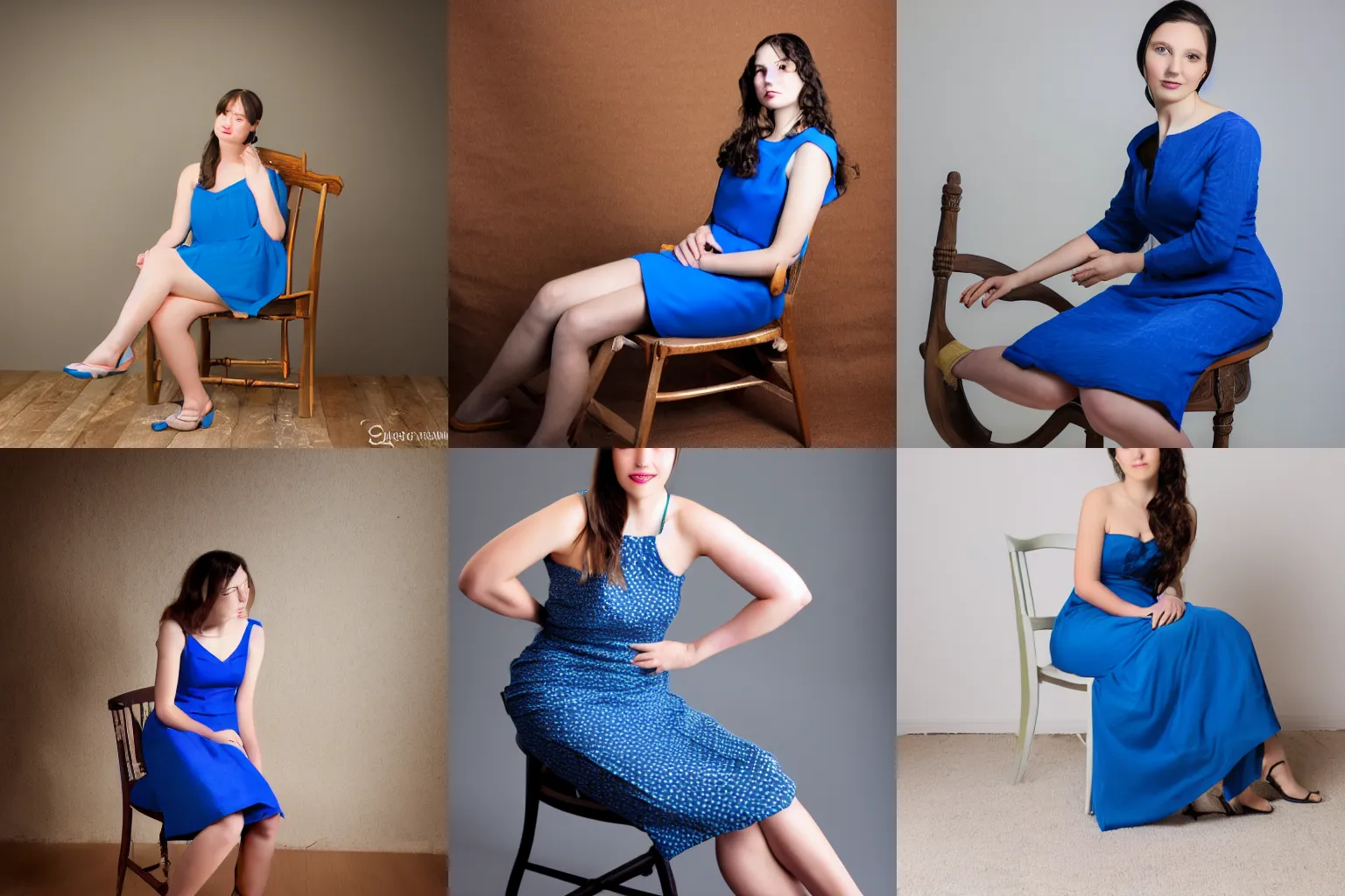 Prompt: Gal Godot 24yo blue dress sitting on a chair studio lighting