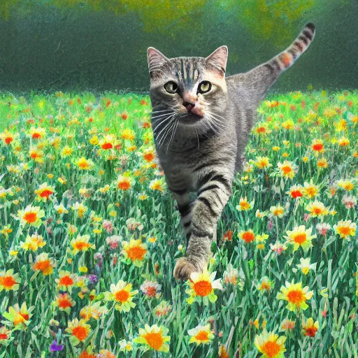 Image similar to cat walking in a flowery field, photorealistic