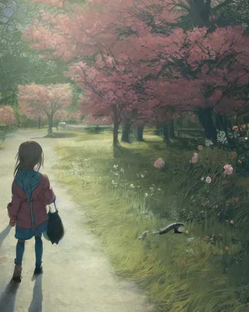 Image similar to a girl walking her small dog at the park, full shot, focused, ambient lighting, detailed face, art by ayami kojima, makoto shinkai, kilian eng