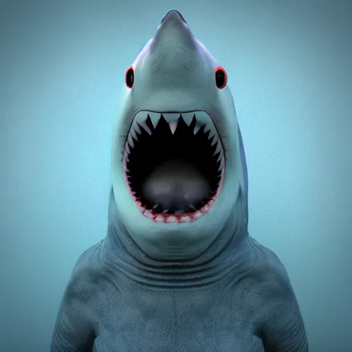 Image similar to 3 d render, hyper realistic anthropomorphic shark, male, clothing made from seaweed.