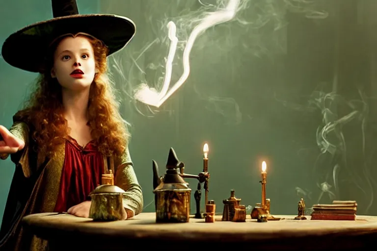 Prompt: close up portrait, dramatic lighting, teen witch calmly pointing a magic wand casting a spell over a large open book on a table with, short hair, cat on the table in front of her, sage smoke, a witch hat cloak, apothecary shelves in the background, still from alice in wonderland and peter pan