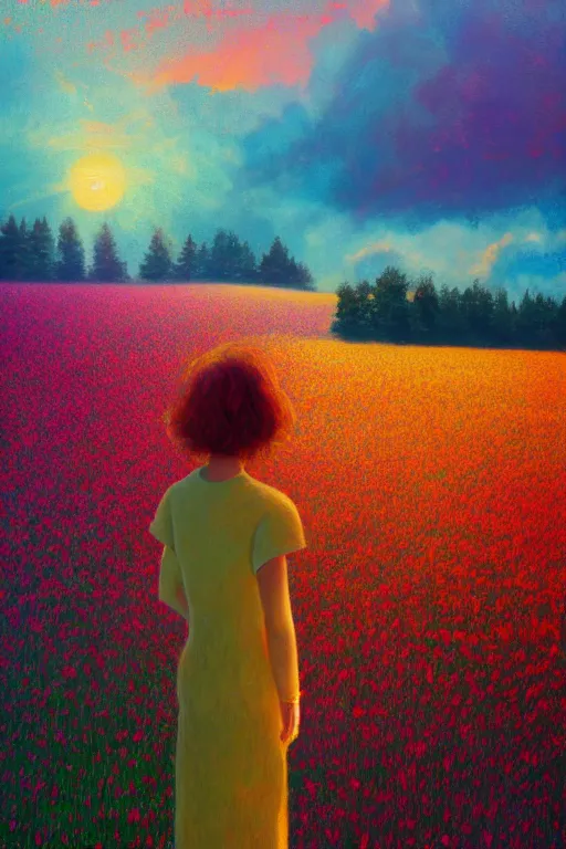 Image similar to flower growing out of girl head, standing in a flower field, big trees, sunrise dramatic light, impressionist painting, colorful clouds, digital painting, pointillism, artstation, simon stalenhag