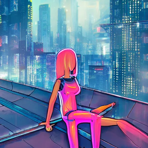 Prompt: hyper realistic futuristic android girl on the roof of skyscraper in cyberpunk neon city on with rain