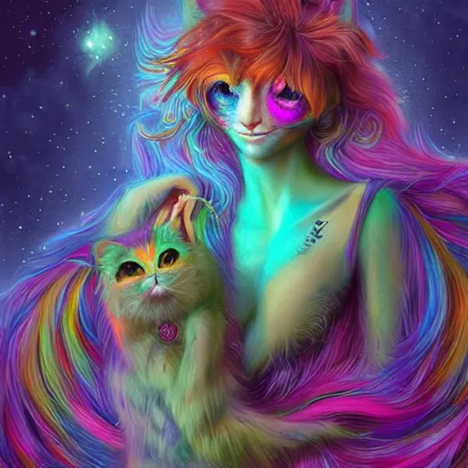 Prompt: autistic bisexual cat seahorse graphic designer, long haired androgynous humanoid covered in fur, weirdcore voidpunk fursona, coherent detailed painterly character design, digital art by delphin enjolras, wlop, louis wain, lisa frank, furaffinity, cgsociety, trending on deviantart