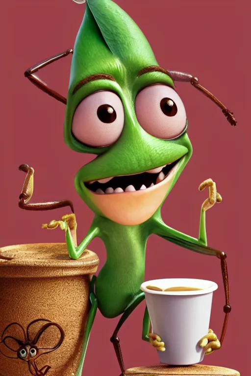 Image similar to a funny ant character with big eyes holding a cup of coffee on top of a leaf at a sunny morning. pixar disney 4 k 3 d render movie oscar winning trending on artstation and behance. ratatouille style.