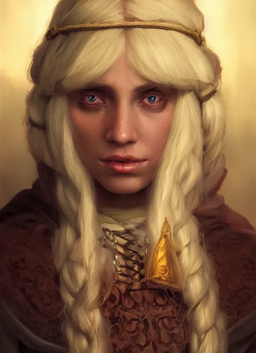 Image similar to blonde peasant woman, fantasy, medieval, vivid colors, fantasy, elegant, concept art, sharp focus, beautiful face!!, digital art, hyper - realistic, 4 k, unreal engine, highly detailed, hd, dramatic lighting by brom, trending on artstation