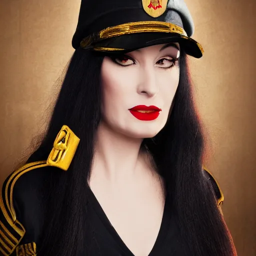 Prompt: dslr portrait photo of morticia addams in military uniform, high resolution, 4 k, photorealistic, cinematic, masterpiece,