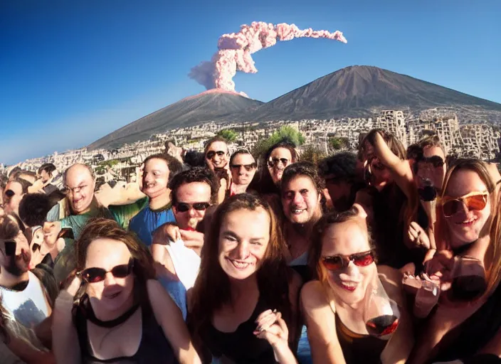 Prompt: old photo of greeks wich drink wine and have fun against the backdrop of mount vesuvius starting to erupt, photo by hunter thompson, fisheye 4, 5 mm, diffused backlight