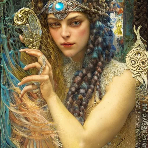 Prompt: intricate detail, hyper detail, by gaston bussiere, greg rutkowski, sandro botticelli, lady of elche, techno mystic princess intergalactica, inanna, ashteroth, with aqua rapunzel dreadlocks, detailed, masterpiece, sharp focus,