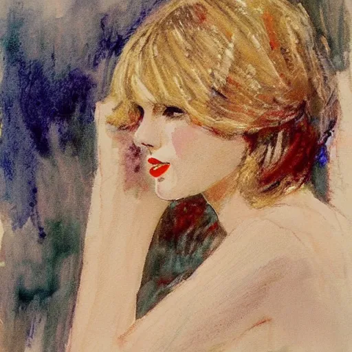 Prompt: romantic painted portrait of taylor swift by bernie fuchs