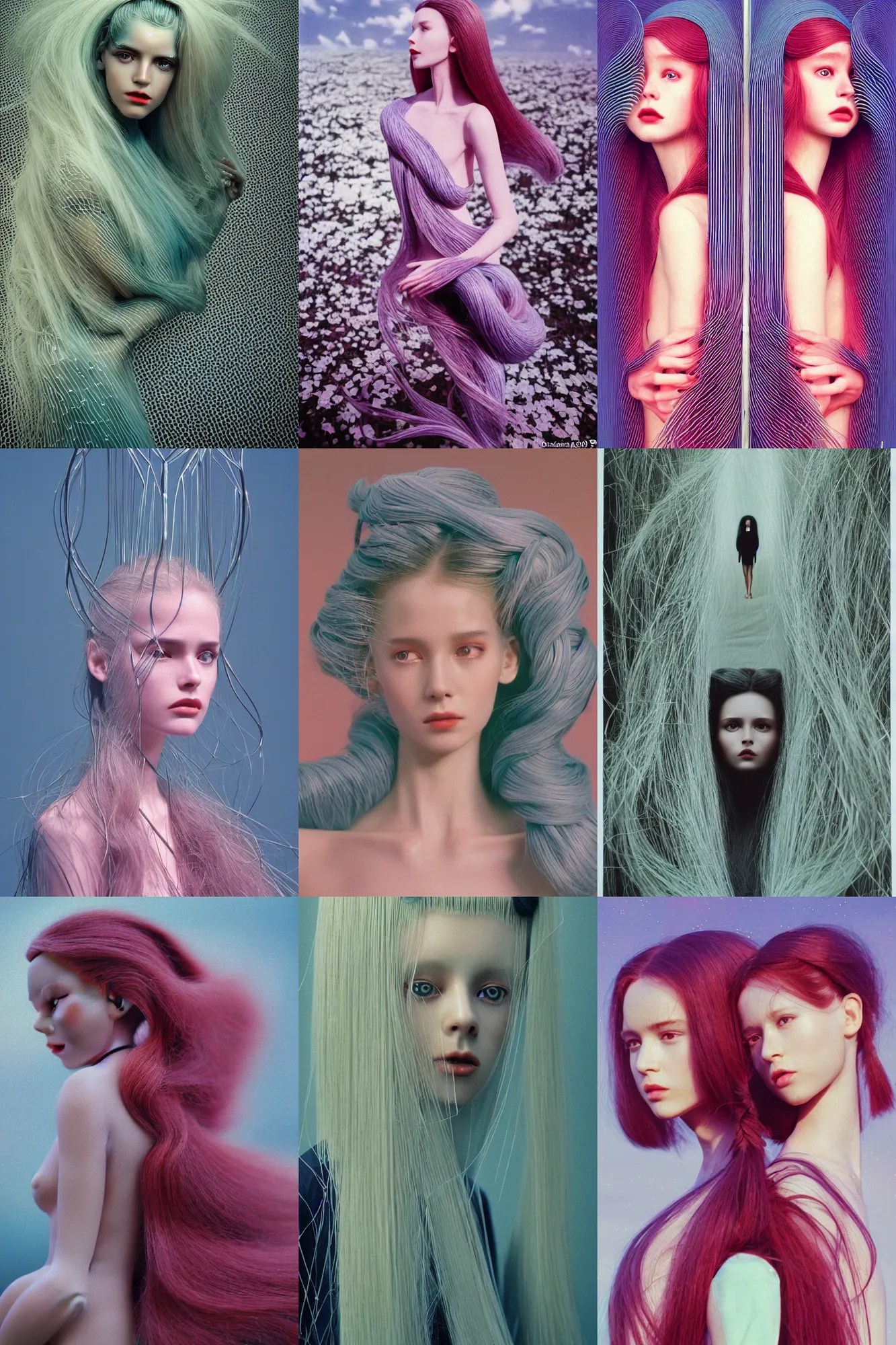 Prompt: Cinestill 800t, 8K, 35mm; beautiful ultra realistic minimalistic kinetic sculpure (1990) film still scene, 1990s frontiers in human anthropomorphic double helix hair fashion magazine September Agnieszka Lorek retrofuturism Holy Herndon in sinen manga like wes anderson edition, highly detailed, extreme closeup three-quarter portrait, tilt shift glass background, three point perspective, focus on assymetric face model;white hair;suit;pursed lips;eye contact;pointé pose, soft lighting