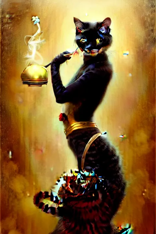 Image similar to gold cat smoking by tom bagshaw, mucha, karl kopinski Android Jones