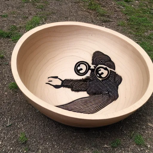 Prompt: bearded man turns bowl using woodlathe