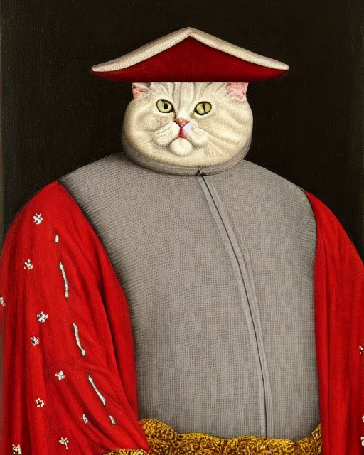 Image similar to fat gray cat with yellow eyes dressed like henry viii, tudor period clothing in scarlet gold and black, royal portrait, oil painting