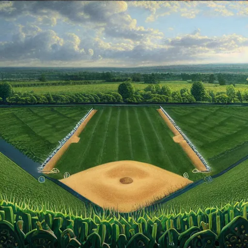 Image similar to a beautiful and highly detailed matte painting of a baseball field in a corn field, celtic knots, intricate details, epic scale, insanely complex, 8 k, sharp focus, hyperrealism, very realistic, by caspar friedrich, albert bierstadt, james gurney, brian froud,