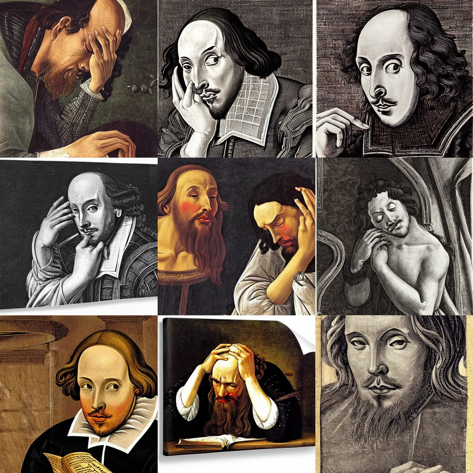 Prompt: william shakespeare crying because he's not good enough, by sandro botticelli