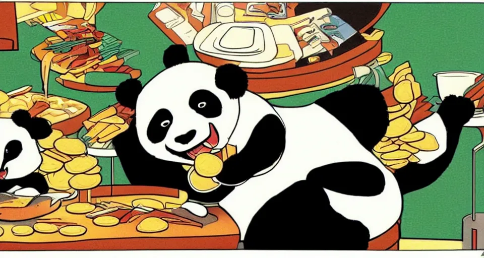 Prompt: a comic book illustration of a panda eating crackers by Bruce Timm