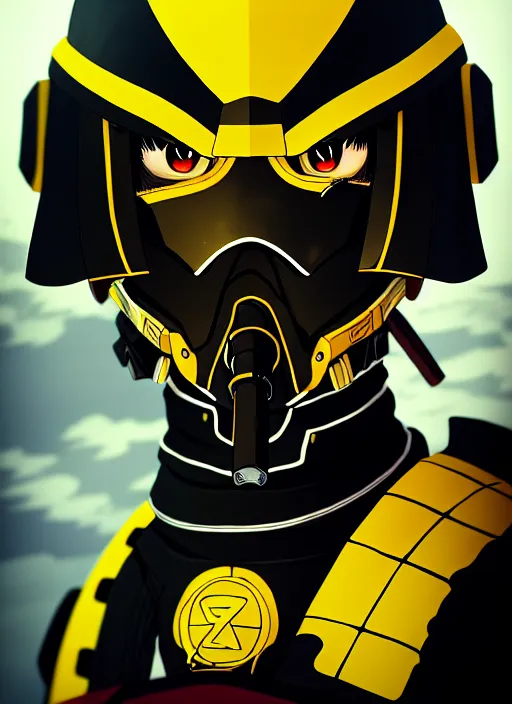 Image similar to anime portrait of a vicious helldiver scout soldier, black armor with yellow accents, closeup on face, ilya kuvshinov, anime, pixiv top monthly, trending on artstation, cinematic, danbooru, zerochan art, kyoto animation