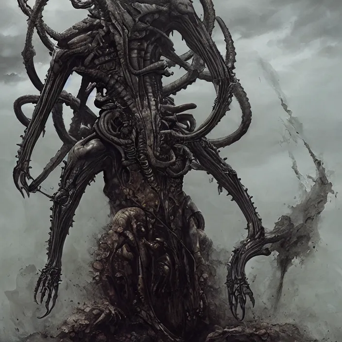 Prompt: still frame from Prometheus by Jakub Rozalski, Ossiarch Bonereaper by Wayne Barlowe by peter Mohrbacher by Giger, dressed by Alexander McQueen and by Neri Oxman, metal couture hate couture editorial