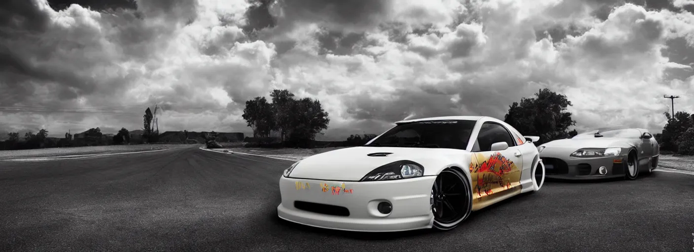 Image similar to a car and driver magazine photo colorful sunny countryside road of a white pearl 2003 Mitsubishi eclipse heavily modified and customized as a performance tune street racing, black rims, samurai vinyl wrap, cinematic lighting, art station, volumetric light, low angle camera, octane render, art station