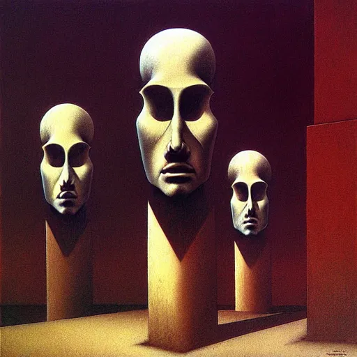 Image similar to dystopian surreal painting of eerie head statues surrounded by buildings by zdzisław beksinski and caravaggio