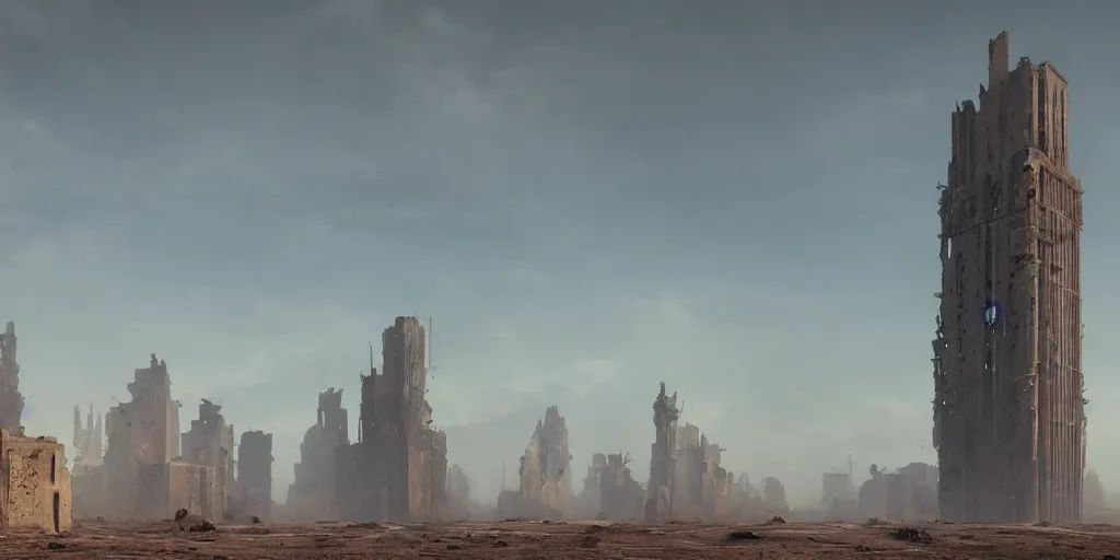 Image similar to tower!!!!!!!!, towers!!!!!!!!, derelict, tall, ancient, atmospheric, beautiful, concept art, desert, civilisation, artstation, hazy, matte painting, highly detailed, volumetric lighting, rays, moody, golden hour, dawn, octane render, digital art, global illumination, city, burning