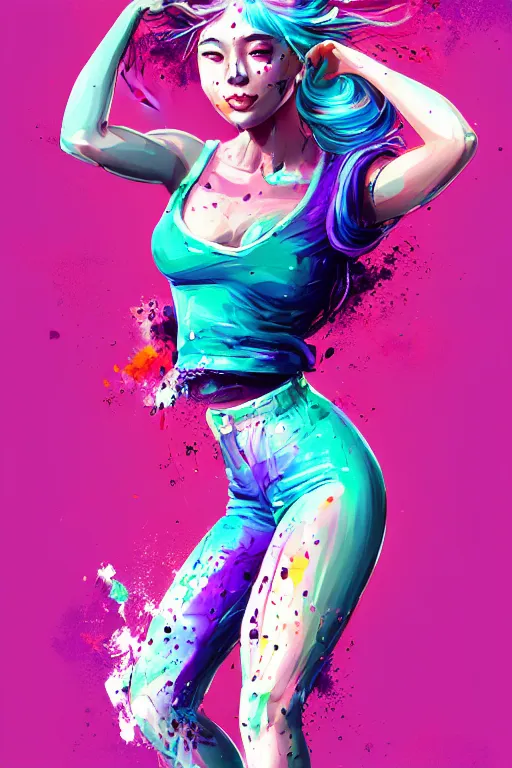 Image similar to a award winning half body portrait of a beautiful woman in a croptop and cargo pants with ombre purple pink teal hairstyle with head in motion and hair flying by artgerm, paint splashes, splatter, outrun, vaporware, shaded flat illustration, digital art, trending on artstation, highly detailed, fine detail, intricate