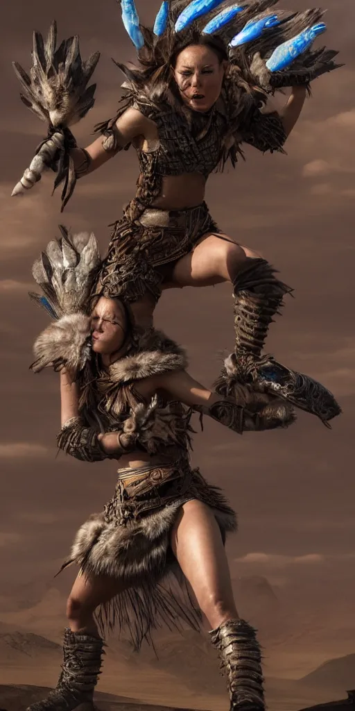 Image similar to fighting in air shaman tribeswoman, destroyed armor parts fly away, inspired by monster hunter, low shot, muscular body, symmetrical face, clean face, subtle make up, destruction around her, frozen time,dramatic lighting, cinematic, establishing shot, extremely high detail, photorealistic, 300 the movie,monster hunter the movie, dune the movie, cinematic lighting, artstation, octane render, western,old photo, vintage