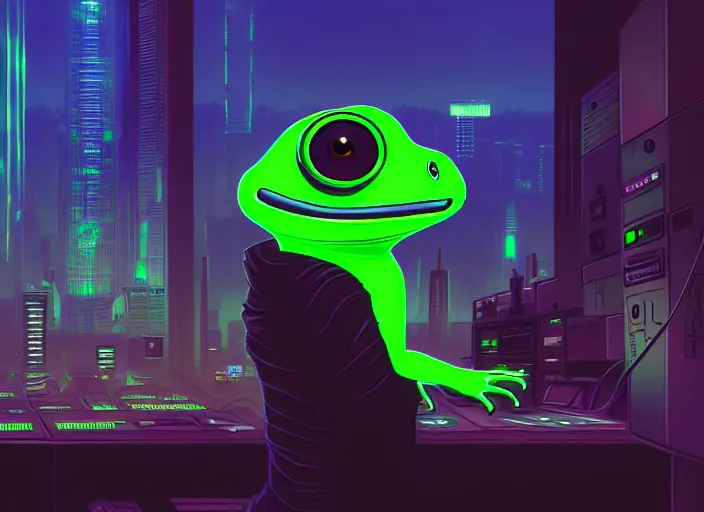 Image similar to cyberpunk pepe the frog, futuristic cityscape, computers, dylan kowalski, marat zakirov, albert ramon puig, trending on artstation, 8 k