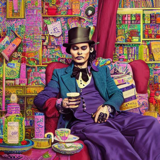 Image similar to Johnny Depp is covered in a blanket and drinking tea in Willy Wonka's Chocolate Factory, Illustration, Colorful, insanely detailed and intricate, super detailed, by Lynn Chen