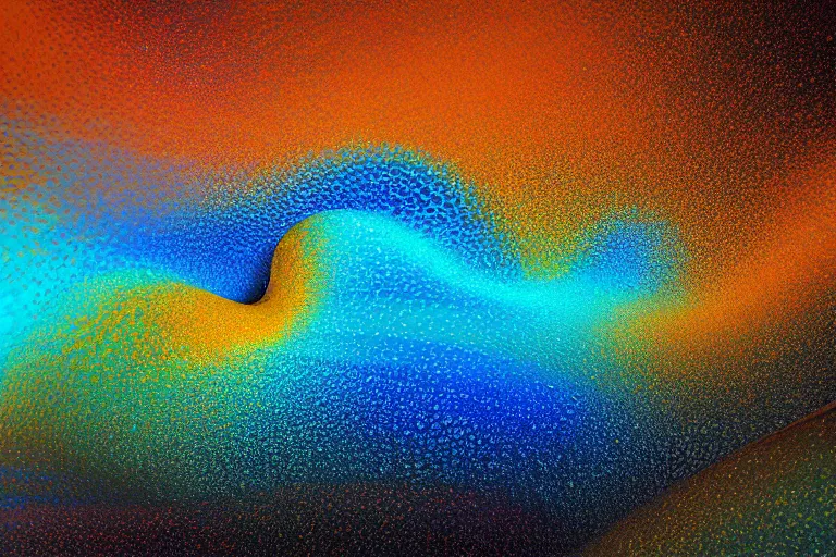 Image similar to wave of water particles, light blue, yellow orange, and light brown colors, white foam, curl noise, inner vortex, simulation, reflection, featured on behance, uhd image, fractalism, painterly, media art, motion graphic, particles, fluids, 3 d, rendering, octane