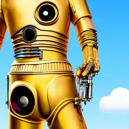 Image similar to full body legs portrait of Simpson as C3PO in star wars, background blue sky puffy clouds cinematic 4k