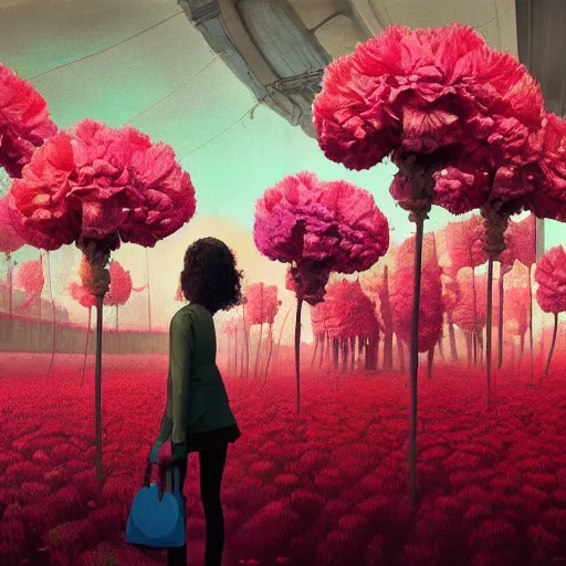 Prompt: giant carnation flower head, woman in metro station, surreal photography, dramatic light, impressionist painting, digital painting, artstation, simon stalenhag