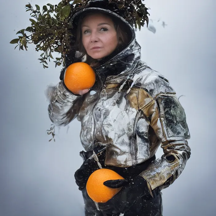 Prompt: a closeup portrait of a woman wearing a ski suit made of clouds and metal scraps, picking oranges from a tree in an orchard, foggy, moody, photograph, by vincent desiderio, canon eos c 3 0 0, ƒ 1. 8, 3 5 mm, 8 k, medium - format print