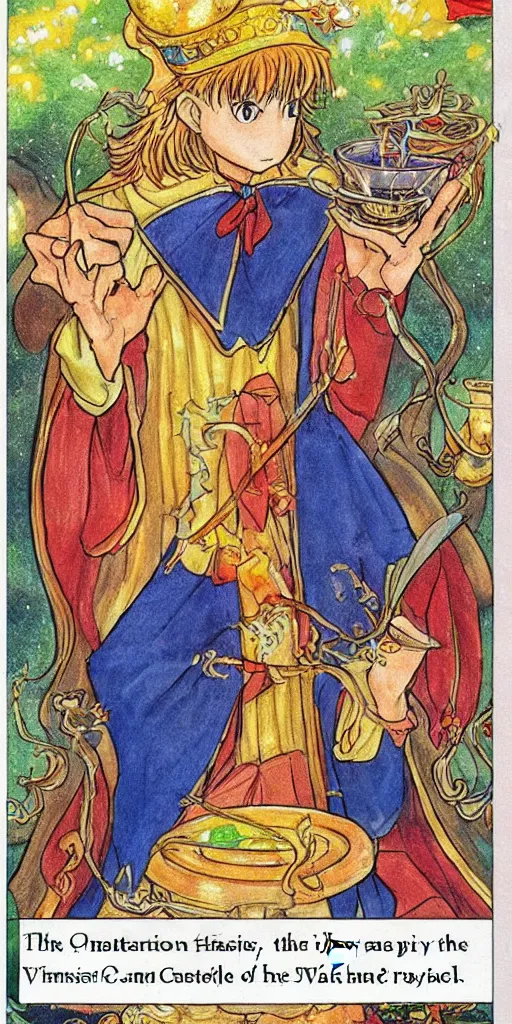 Image similar to a mystical man with a goblet on the table, wizard hat, drawn by Naoko Takeuchi, tarot card