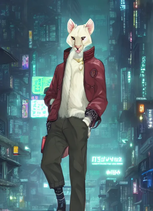 Image similar to character portrait of a male anthro albino mountain lion fursona with a cute beautiful attractive furry face wearing stylish clothes in a cyberpunk city at night while it rains. hidari, color page, tankoban, 4K, tone mapping, Akihiko Yoshida.