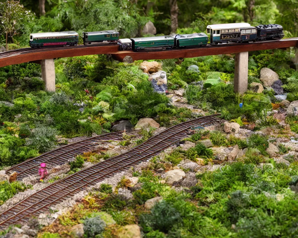 Image similar to close-up, hi-res photo of miniature model train crossing a trestle over a garden creek.