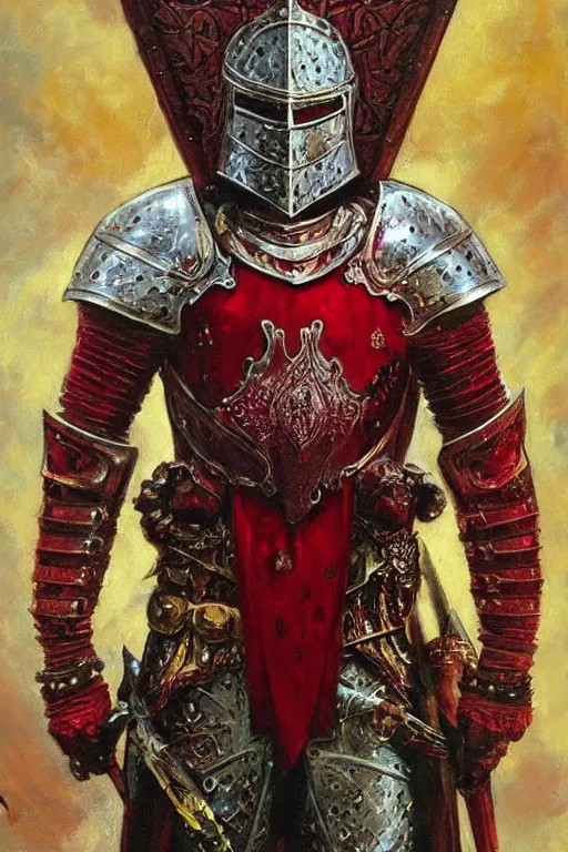 Prompt: Gorgeous Knight in an ornamental Ruby armor, fantasy, symmetry, by Frank Franzetta, full color