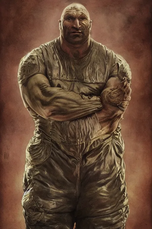 Prompt: upper body portrait of hulking dave bautista as baron harkonnen, wearing old leather spacesuit, dystopian science fiction, dark, horror, illustration by norman rockwell, hans baluschek, artstation character art, john william waterhouse, concept art, greg rutkowski