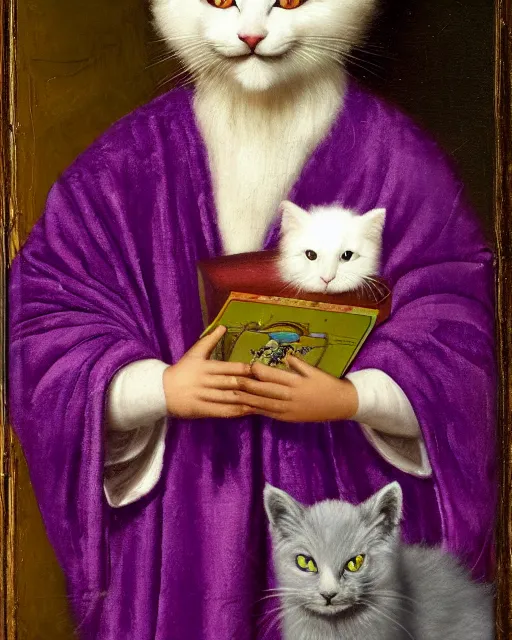 Prompt: a youthful fool in purple robes and a purple jester hat, holding a cute fluffy white cat, listening to records on a turntable, oil on canvas, by ambrosius benson