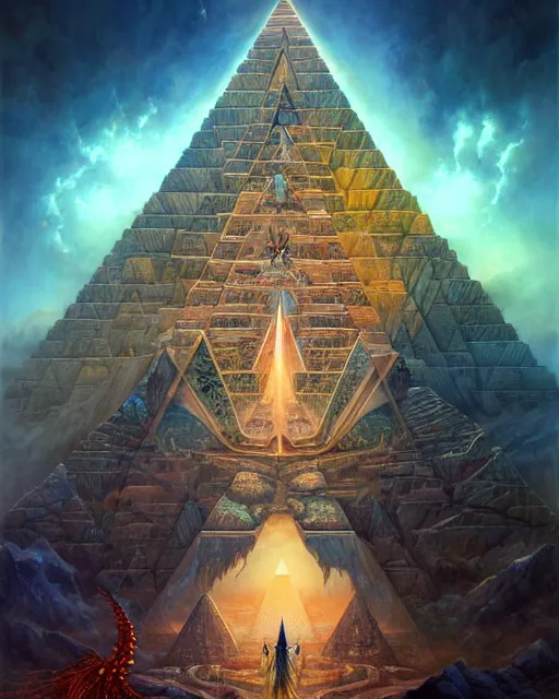 Image similar to inside a fractal pyramid made of pyramids and eyes fantasy character portrait, ultra realistic, wide angle, intricate details, blade runner artifacts, highly detailed by peter mohrbacher, boris vallejo, hajime sorayama aaron horkey, gaston bussiere, craig mullins