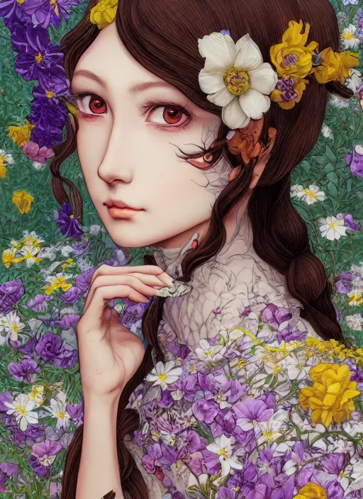 Prompt: elf girl wearing an flower suit, soft hair. light color palate, purple, yellow and white. detailed soft painting, ayami kojima, made in abyss, anatomically correct, ilya kuvshinov, inspired in balthus, high detailed face anime, vogue magazine, glorious composition, mobile wallpaper, mona lisa