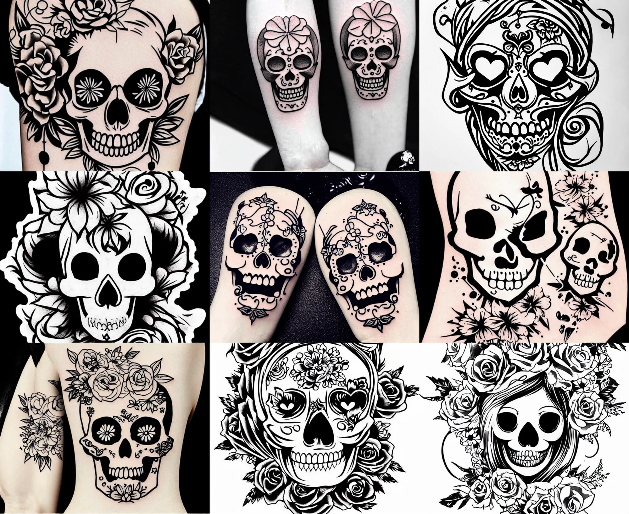 Image similar to detailed tattoo stencil bold lines, cute adorable lovely anime skull kawai