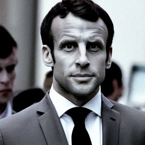 Prompt: gorilla face of Emmanuel Macron in American Psycho (1999)